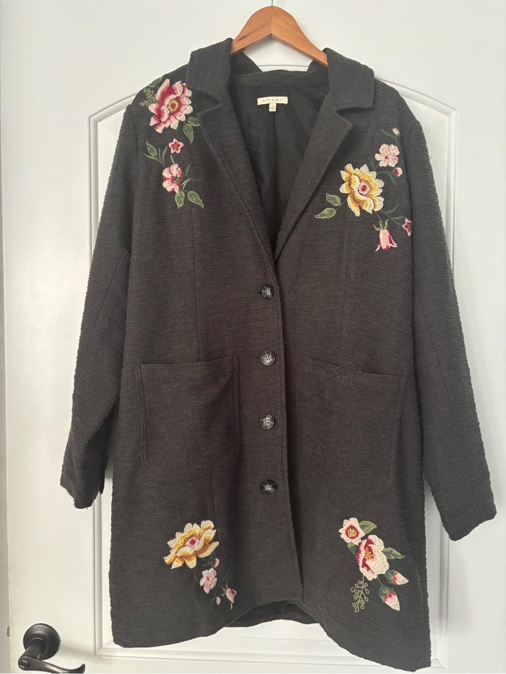 Kate & Sam Charcoal Gray Textured Embroidered Floral Longline Duster Coat Jacket